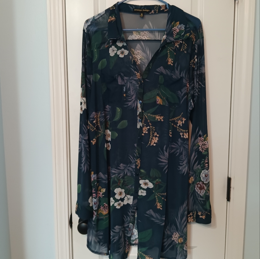 Always Indigo, size 2xl button down dress/cover up. Blue with flower pattern.